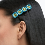 Hair clip, Cushion cut crystals, Blue, Gold-tone plated